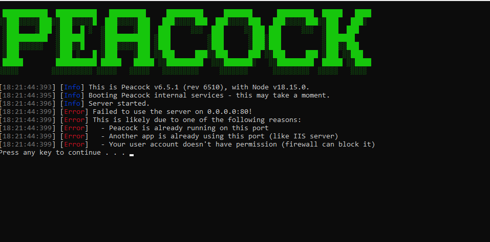The error message shown when Peacock tries to use a port that&#39;s in use